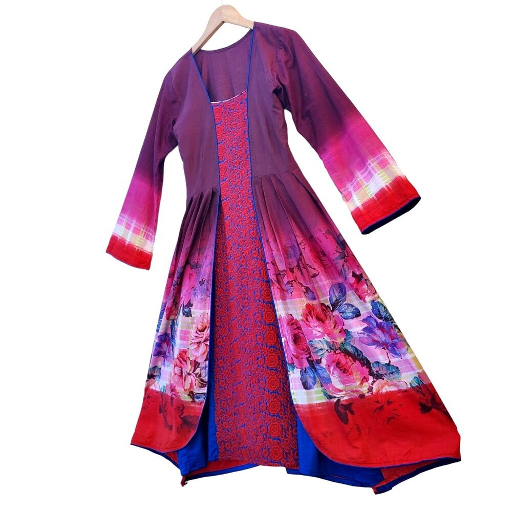 Long Sleeve Dress Floral Red Blue Embroidered Patchwork Kameez Size S NWOT - Picture 16 of 16